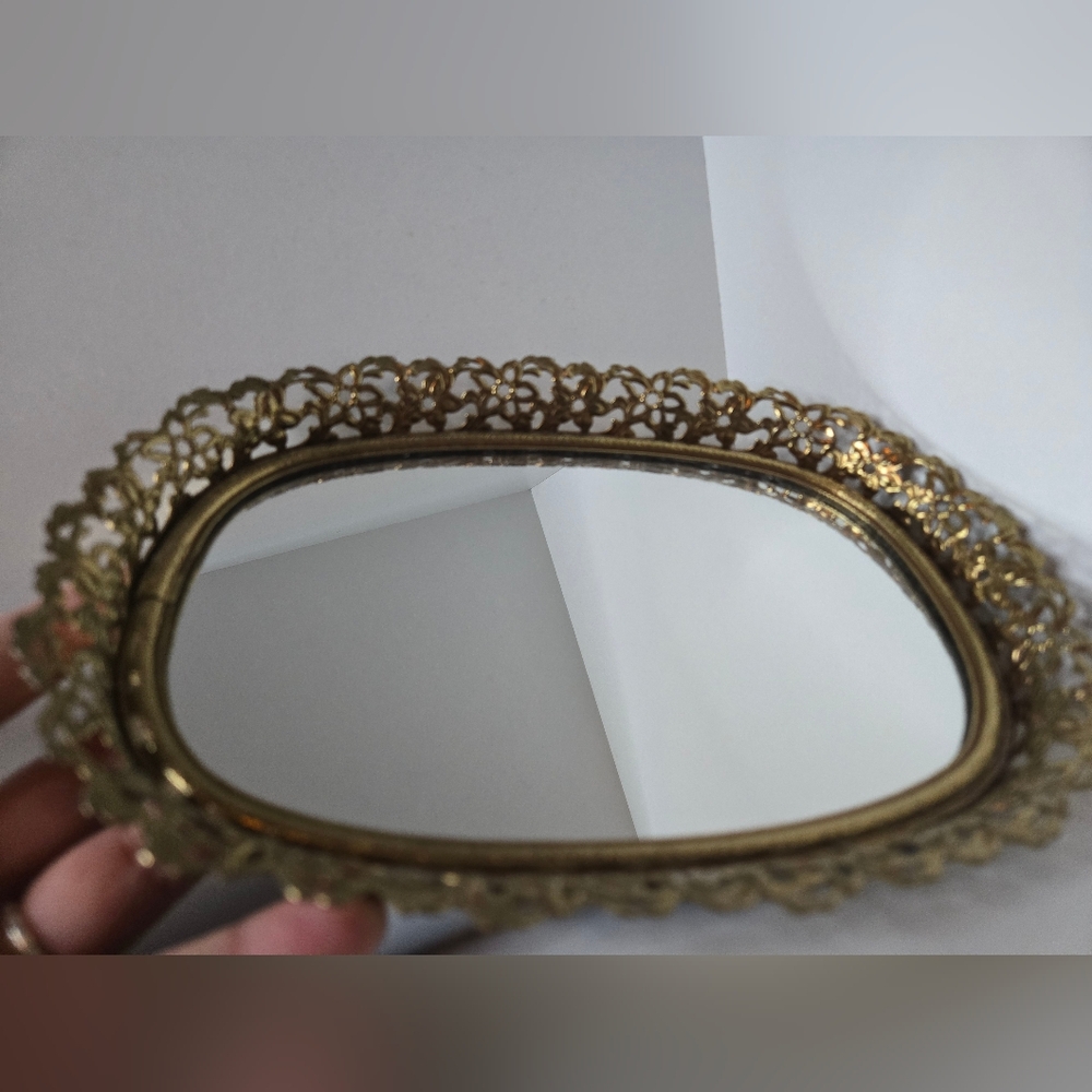 Ornate Gold Decorative Vanity Tray with Mirror